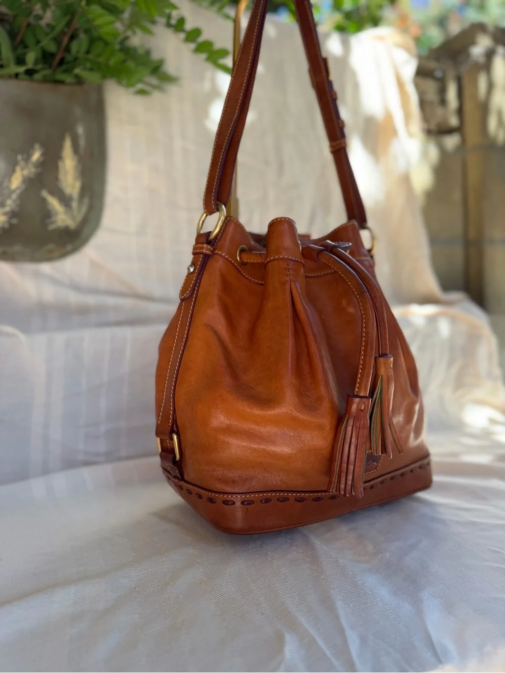 Dooney & Bourke Brown Leather Drawstring Bucket Shoulder Bag
